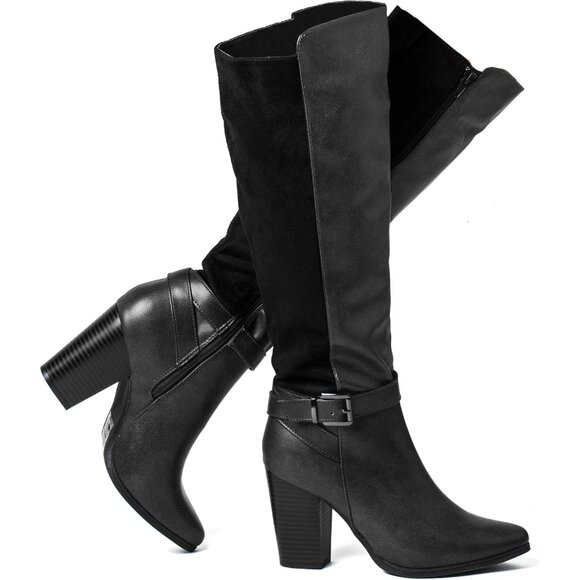 Women's Heeled Knee High Boots Zip Up Chunky Heel Tall Fashions Black Boots - Picture 1 of 8